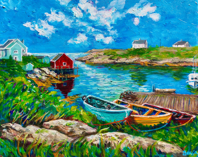 Colorful houses by the blue color sea, colorful boats by the rocky seaside, blue sky in Peggy's Cove