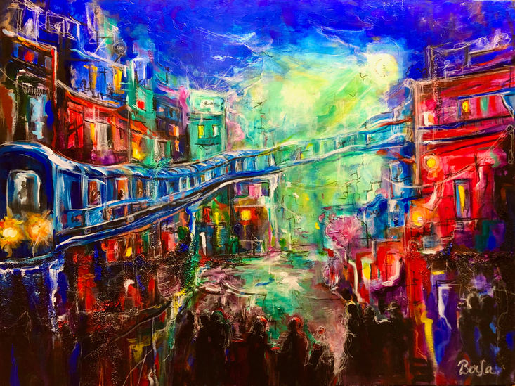 Red and blue colored houses, a blue train and silhouettes on a night in a city, surreal image