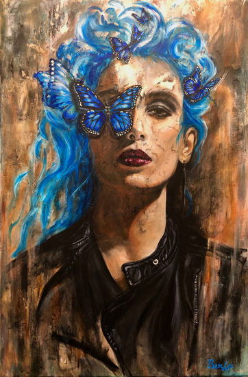 Woman with blue hair and blue butterfly on her face portrait painting