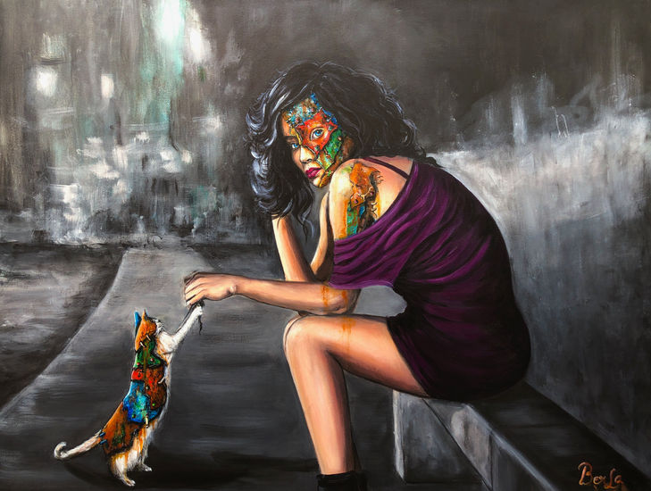 Girl with a purple dress and rusted metal pieces on her face, sitting on a bench in the city and playing with a cat which has metal rusted pieces on its fur, surreal portrait painting. 