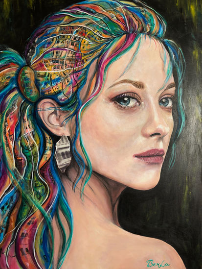 Marion Cotillard's surreal portrait with colored reflections on her hair 