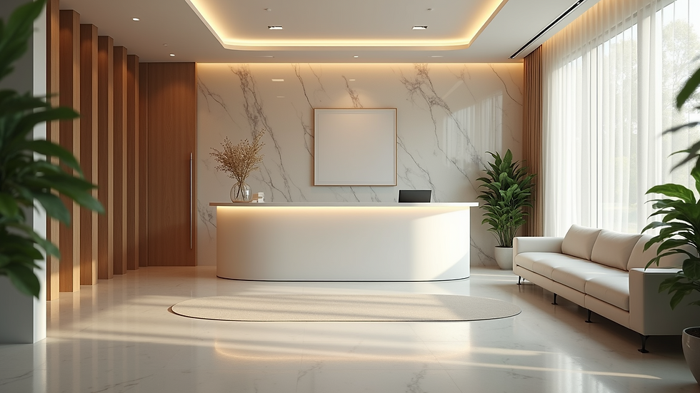 Eye-level view of a modern clinic reception area with elegant decor