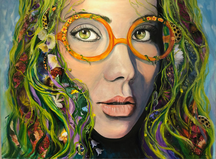 A girl with green hair with  vegetation,  plants, flowers and lady bugs on her hair wearing orange color glasses