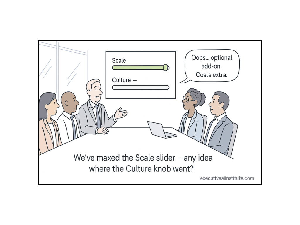 Five people in a meeting room discuss a graph with a maxed "Scale" slider. Speech bubble reads "Oops... optional add-on. Costs extra."