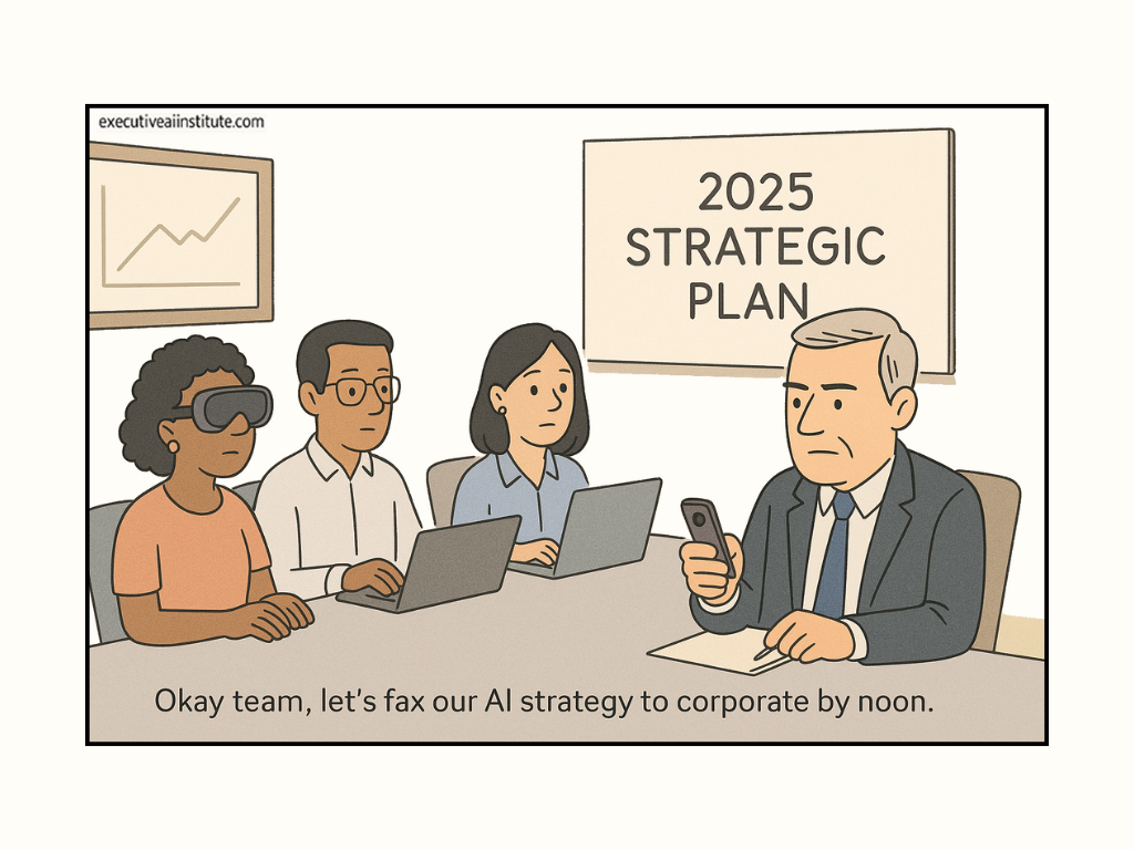 Office meeting scene with four people, two using laptops, one with VR goggles. "2025 Strategic Plan" on board. Text: "Okay team, let's fax...".
