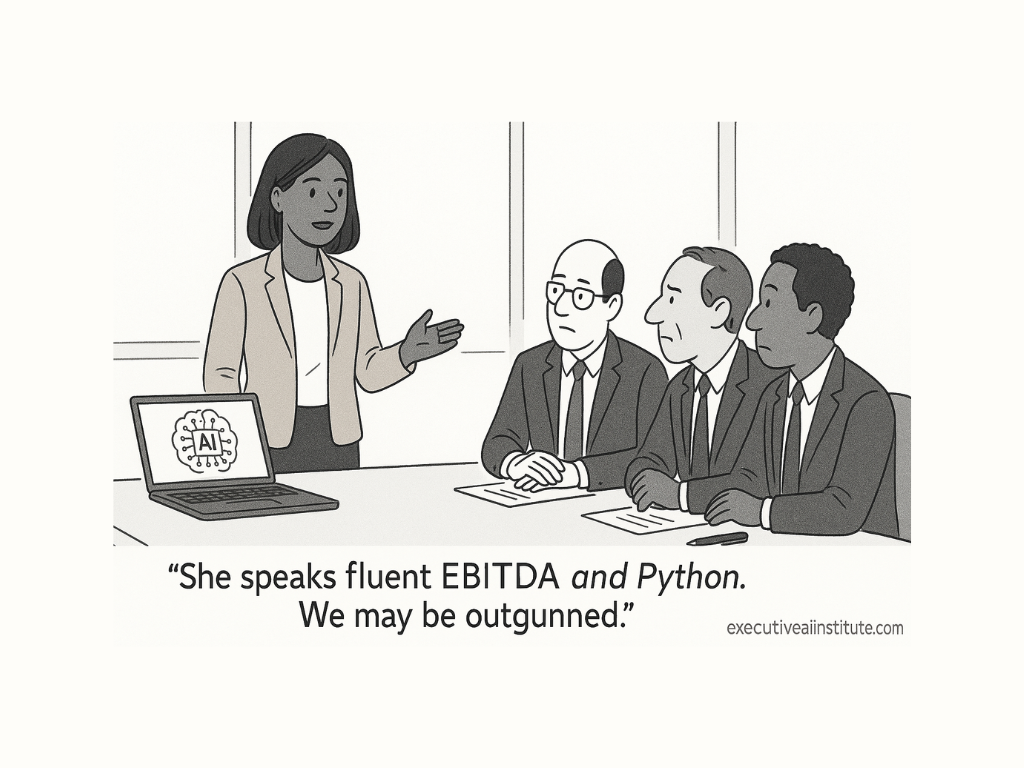 A woman presents to three men at a table. A laptop displays "AI." Caption reads, "She speaks fluent EBITDA and Python. We may be outgunned."