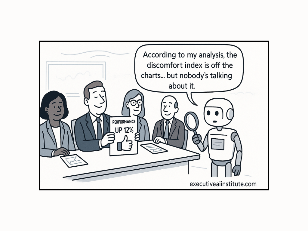 Robot holds chart reading "Performance UP 12%," addressing a serious meeting. Text bubble: "The discomfort index is off the charts…"