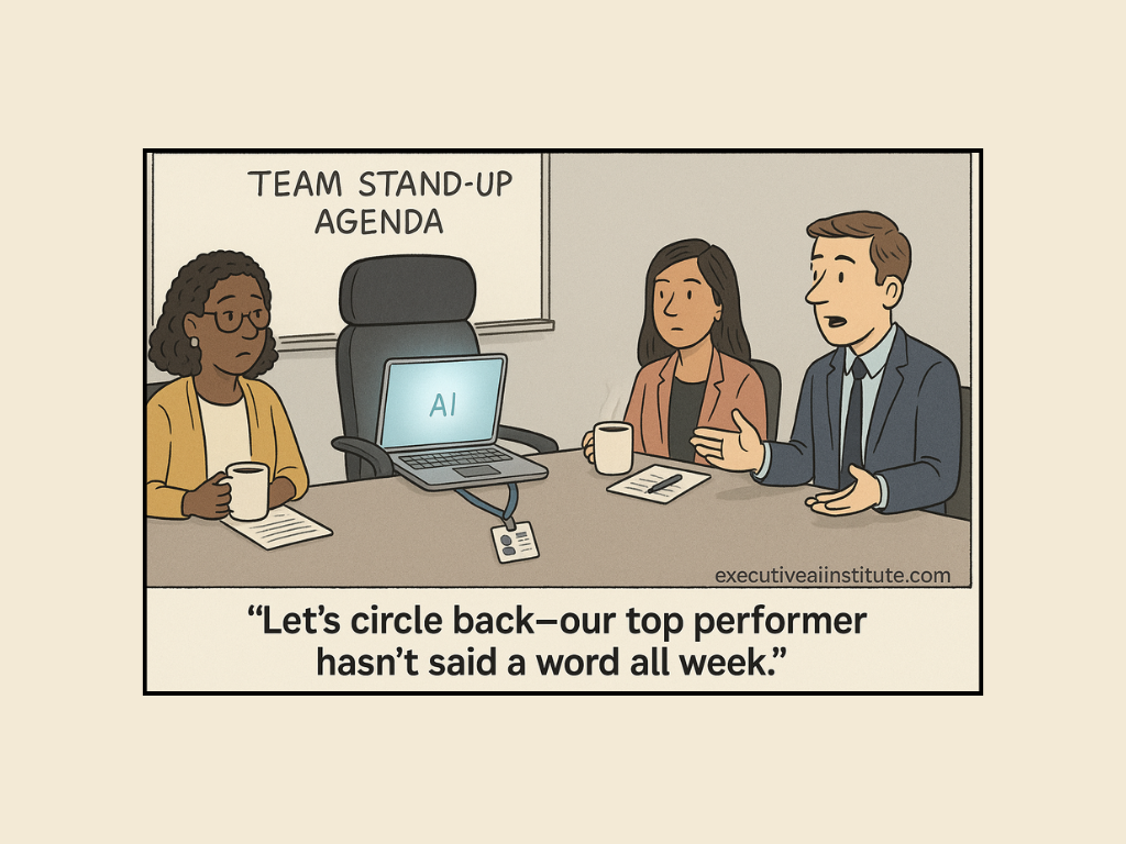 Three people sit at a table with a laptop labeled "AI" during a meeting. A whiteboard reads "Team Stand-Up Agenda." Mood is humorous.