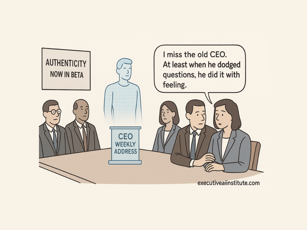 Five people sit at a table with a holographic CEO. Speech bubble: "I miss the old CEO... he did it with feeling." Sign: "AUTHENTICITY NOW IN BETA."
