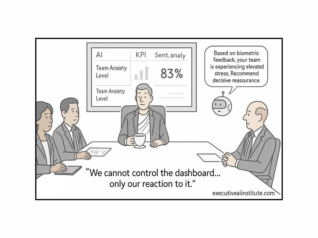 Four people in a meeting room with a dashboard showing "Team Anxiety Level" at 83%. Text suggests stress, recommends reassurance.