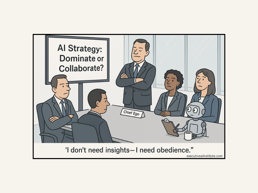 Business meeting with a robot at a table. A screen reads "AI Strategy: Dominate or Collaborate?" Mood is tense; text says, "I need obedience."