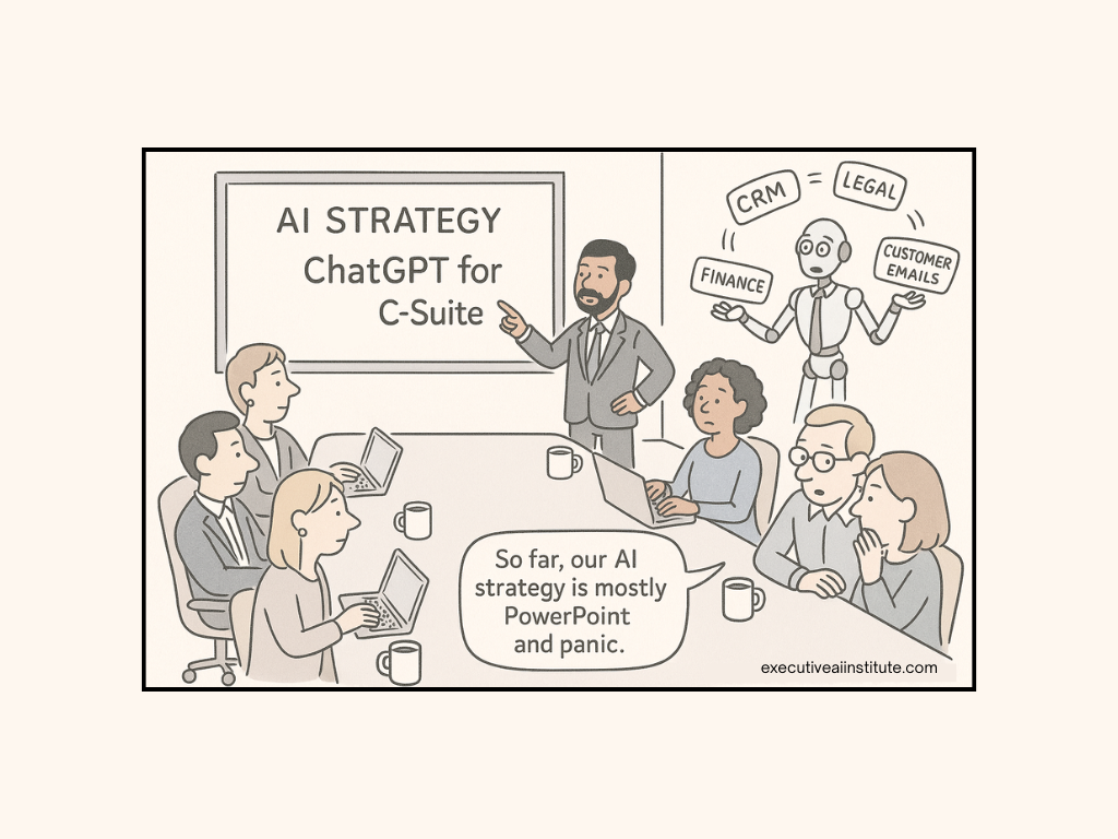 Business meeting with diverse people at a table, discussing AI strategy. Sign reads "AI Strategy ChatGPT for C-Suite." Robot labeled with business terms.