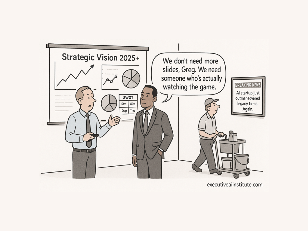 Business meeting with two men discussing strategy in front of a slide. A janitor walks by, and a news headline mentions an AI startup.