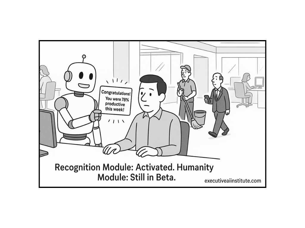 Robot congratulates a man on his productivity at a desk. Office workers in the background. Caption: "Recognition Module: Activated."