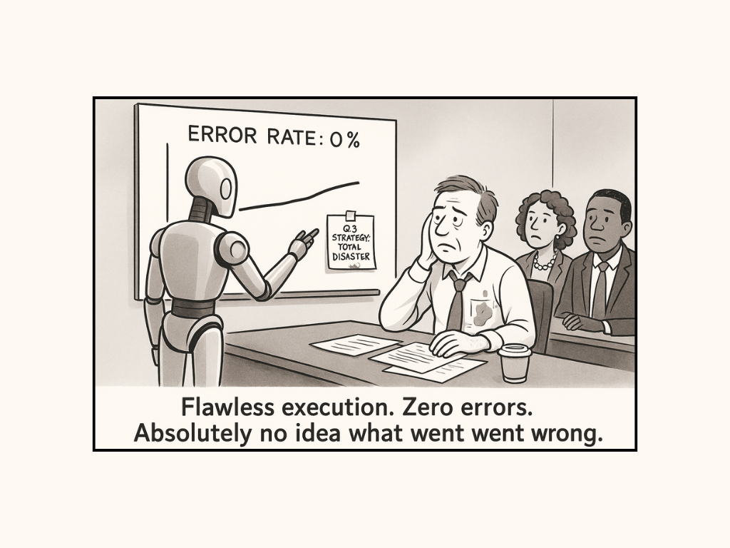 Robot presenting "ERROR RATE: 0%" on screen to confused businesspeople. Text reads: "Flawless execution. Zero errors. Absolutely no idea what went wrong."