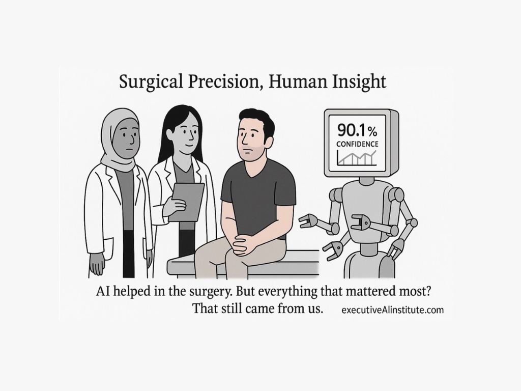 A man sits with two doctors and a robot displaying 90.1% confidence. Text: Surgical Precision, Human Insight. Mood: clinical and focused.