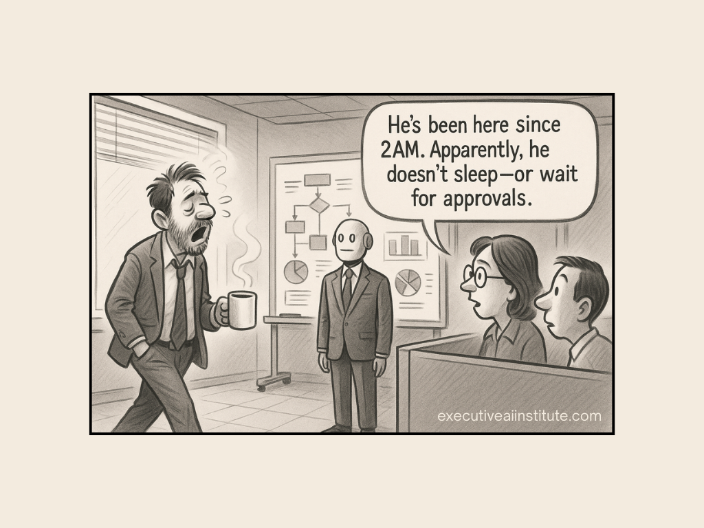 Man yawning with coffee at a meeting; robot present. Speech bubble: "He's been here since 2AM. Apparently, he doesn't sleep—or wait for approvals."