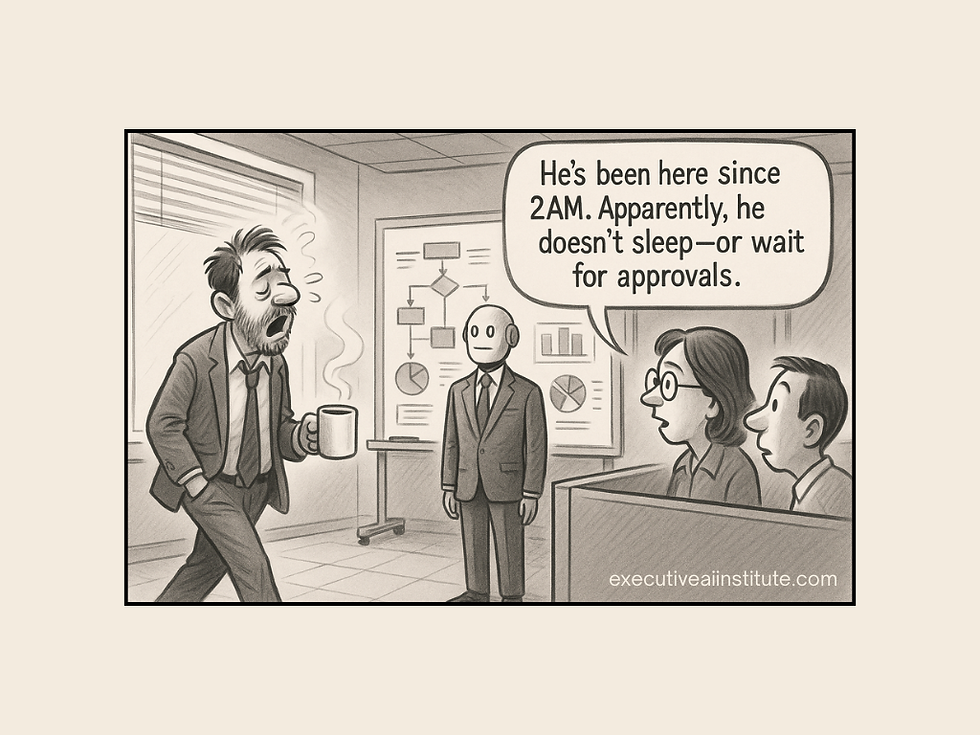Man yawning with coffee at a meeting; robot present. Speech bubble: "He's been here since 2AM. Apparently, he doesn't sleep—or wait for approvals."