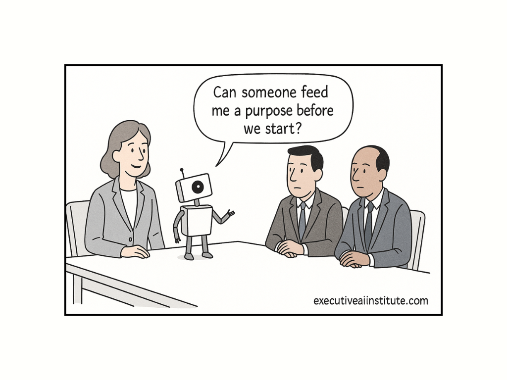A cartoon robot asks three businesspeople at a table, "Can someone feed me a purpose before we start?" Conference room setting.