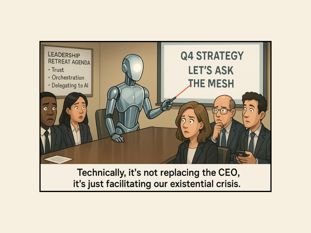 A robot presents a Q4 strategy to a worried team. Text reads "LET'S ASK THE MESH." The agenda mentions AI. Mood is anxious.