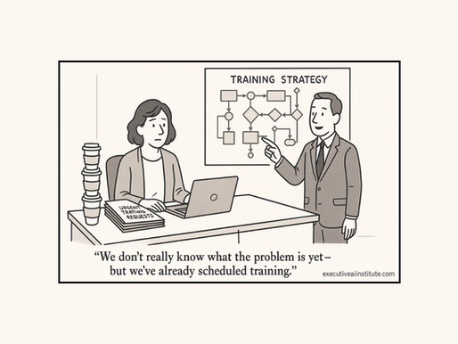 Two people in an office discuss training. One points at a chart labeled "Training Strategy." A paper reads "Urgent Training Requests."