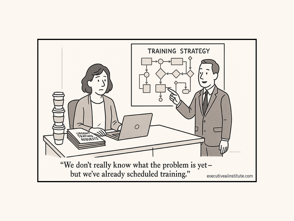 Two people in an office discuss training. One points at a chart labeled "Training Strategy." A paper reads "Urgent Training Requests."