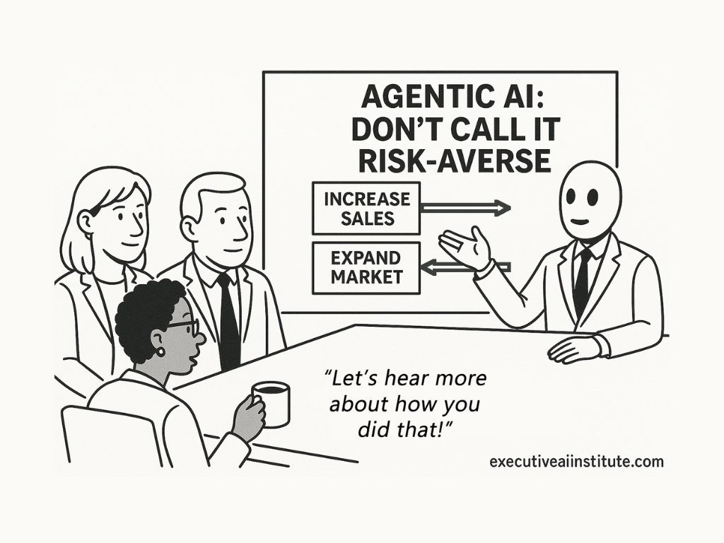 Cartoon of a professional meeting. A figure presents "Agentic AI" with arrows labeled "Increase Sales" and "Expand Market." Text: "Let's hear more."