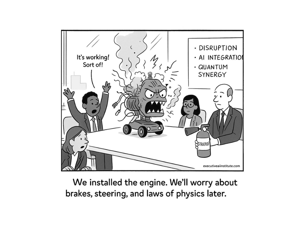 Meeting room with four people around a table. A small, angry engine on wheels emits smoke. One man with arms raised exclaims, "It's working! Sort of!" A chart reads "DISRUPTION, AI INTEGRATION, QUANTUM SYNERGY." Another man holds a fire extinguisher labeled "STRATEGY." Caption: "We installed the engine. We’ll worry about brakes, steering, and laws of physics later."