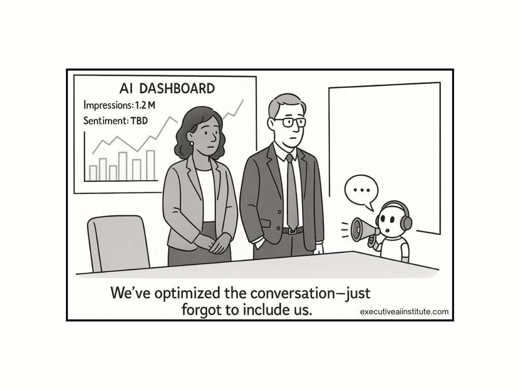 Two people stand by an AI dashboard as a robot uses a megaphone. The caption reads, "We’ve optimized the conversation—just forgot to include us."