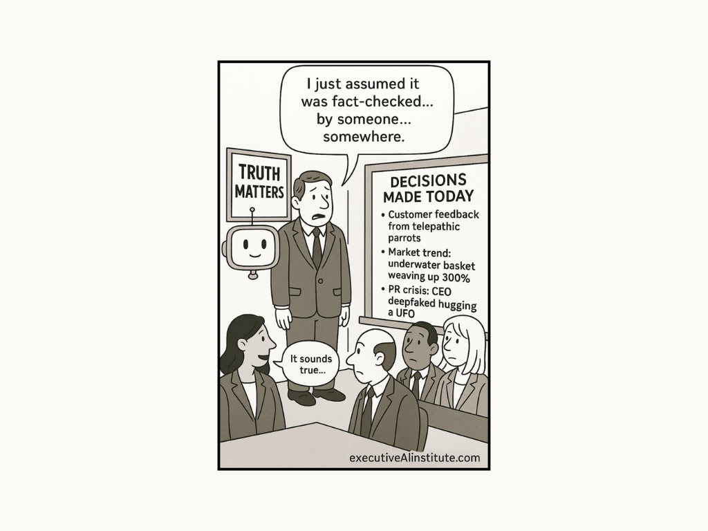 Business meeting with people discussing decisions like telepathic parrot feedback and deepfake crisis. A sign reads "TRUTH MATTERS." Mood is skeptical.