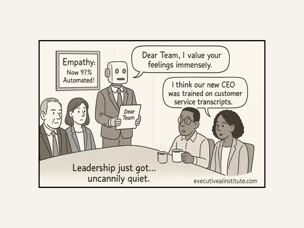 Robot in a suit addresses a team with a sign "Dear Team"; a wall sign reads "Empathy: Now 97% Automated!" Team members look amused.
