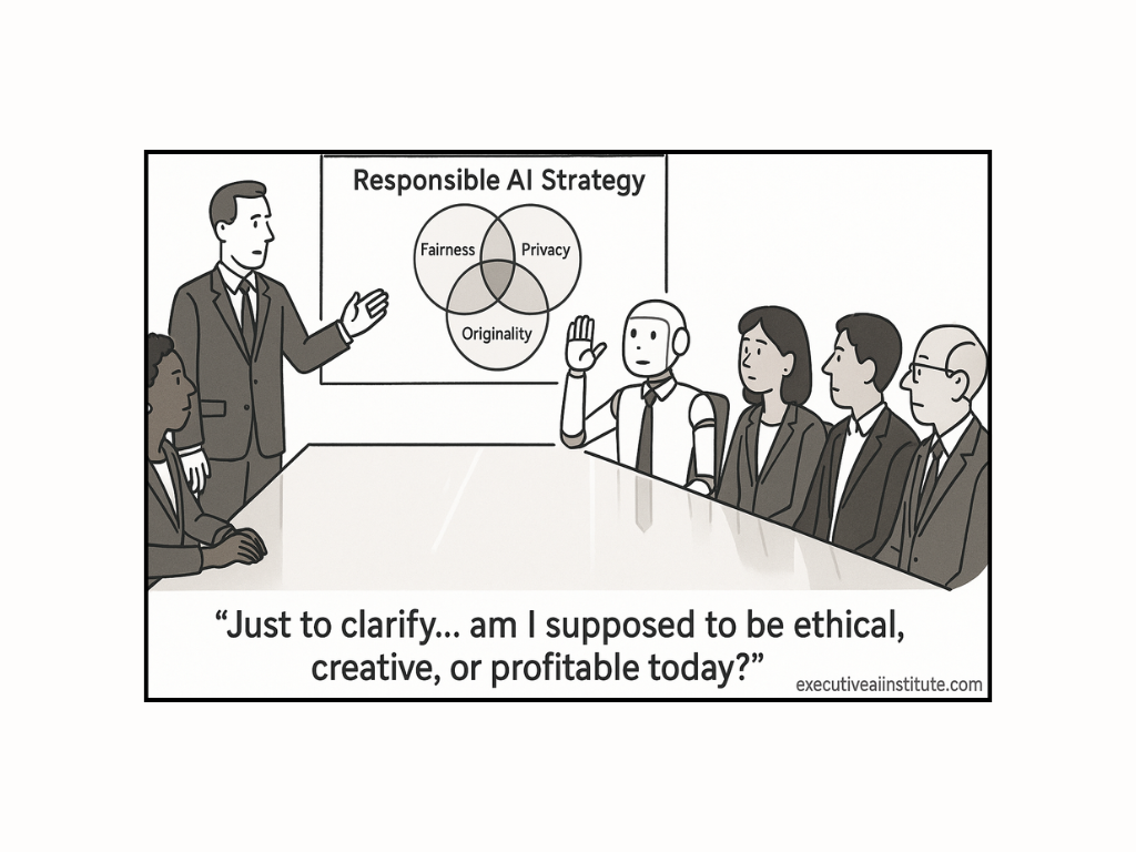 "Cartoon of a meeting with a robot raising a hand, discussing 'Responsible AI Strategy' with fairness, privacy, originality. Text: 'Am I supposed to be ethical, creative, or profitable today?'"