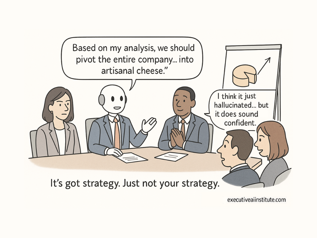 Four people and a robot in a meeting; the robot suggests pivoting to artisanal cheese. A pie chart and text add humor.