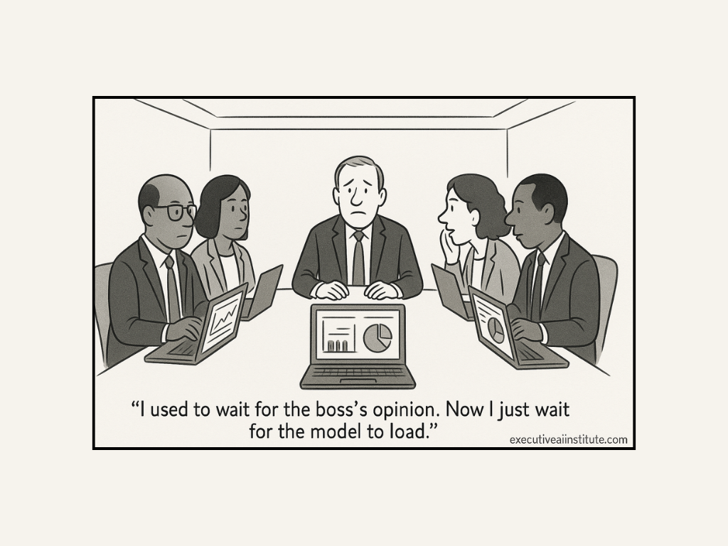 Business meeting cartoon with five people at a table using laptops. Caption: "I used to wait for the boss’s opinion. Now I just wait for the model to load."