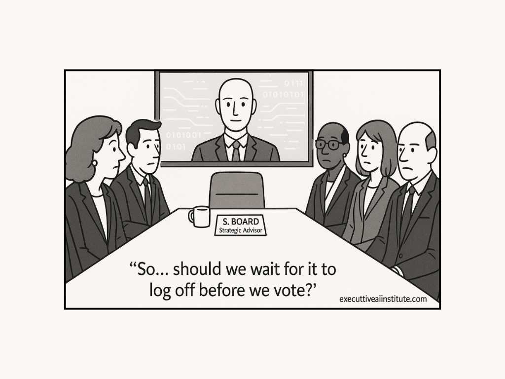 A business meeting with six board members and a robot; text on the table says, "So... should we wait for it to log off before we vote?"