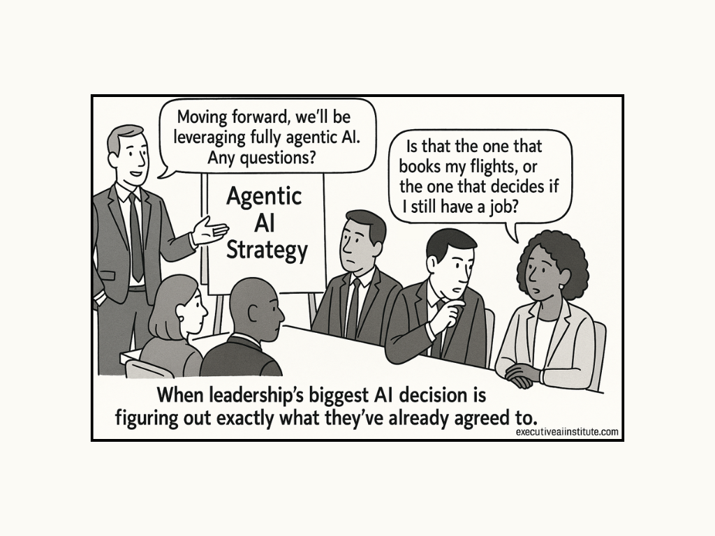 Leader presents "Agentic AI Strategy" to a group. One person questions if it affects job security. Caption critiques leadership decisions.