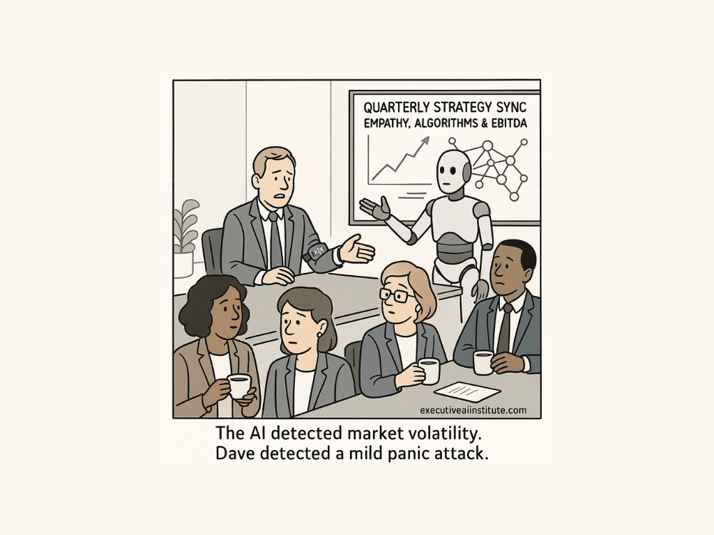 A robot and people sit at a meeting table; "Quarterly Strategy Sync" is on a screen. The mood is tense. Text below: AI vs. Dave's panic.
