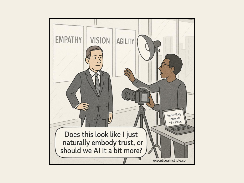 Man in suit poses for a photographer in a studio. Signs say Empathy, Vision, Agility. Text bubble: "Does this look like I just naturally embody trust?"