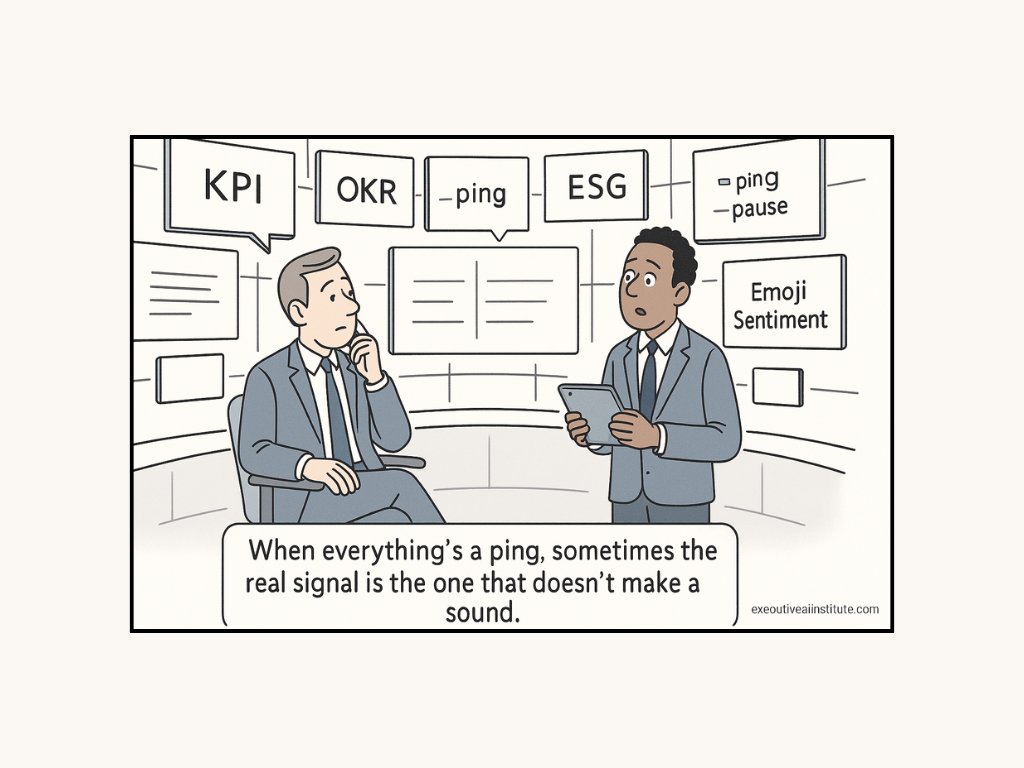 Two men in suits in an office, surrounded by digital screens with terms like KPI, OKR, ESG. One holds a tablet, the other looks thoughtful.