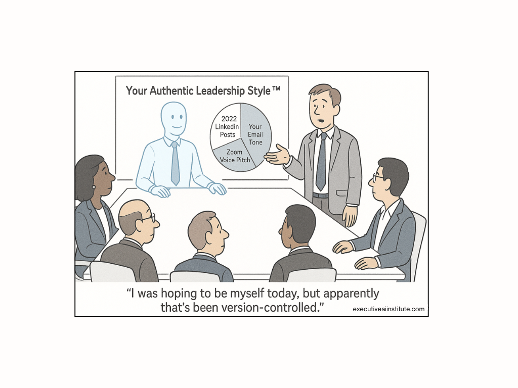 Six people in a meeting room discuss leadership styles. A presenter points to a chart with "LinkedIn Posts" and "Zoom Voice Pitch." Humor text below.