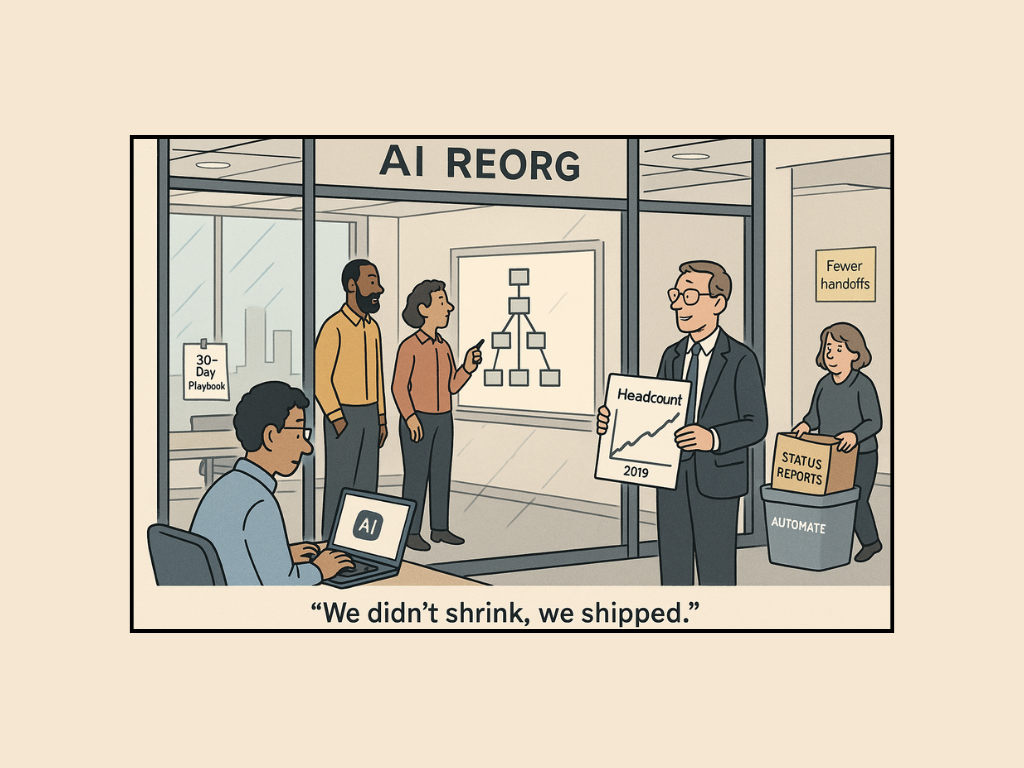 Office cartoon with people reorganizing. One holds "Headcount 2019" chart, another with a laptop labeled "AI," a woman carries status reports. Text: "We didn't shrink, we shipped."