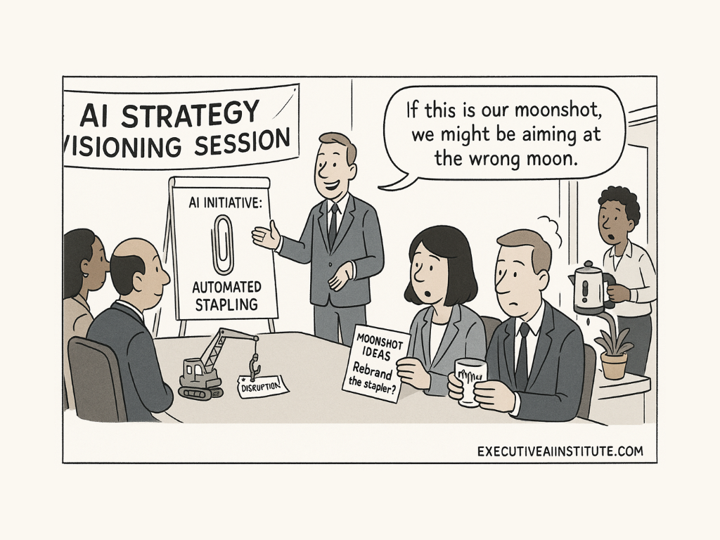 People at an "AI Strategy Visioning Session" joke about "Automated Stapling" as disruption. One holds "Rebrand the stapler?" card. Officeset.