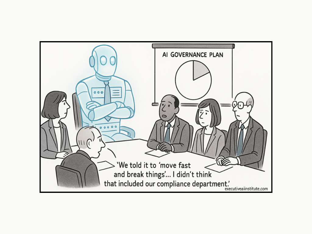 Business meeting with a robot, discussing "AI Governance Plan." People look concerned. Text: "move fast and break things" joke.