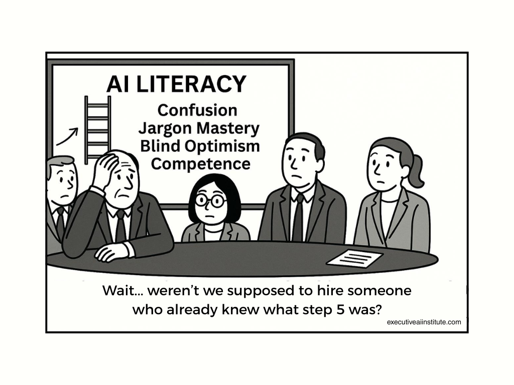 Cartoon of four worried people in a meeting. A chart on AI Literacy is in the background. Text: "Wait... weren't we supposed to hire someone who already knew what step 5 was?"