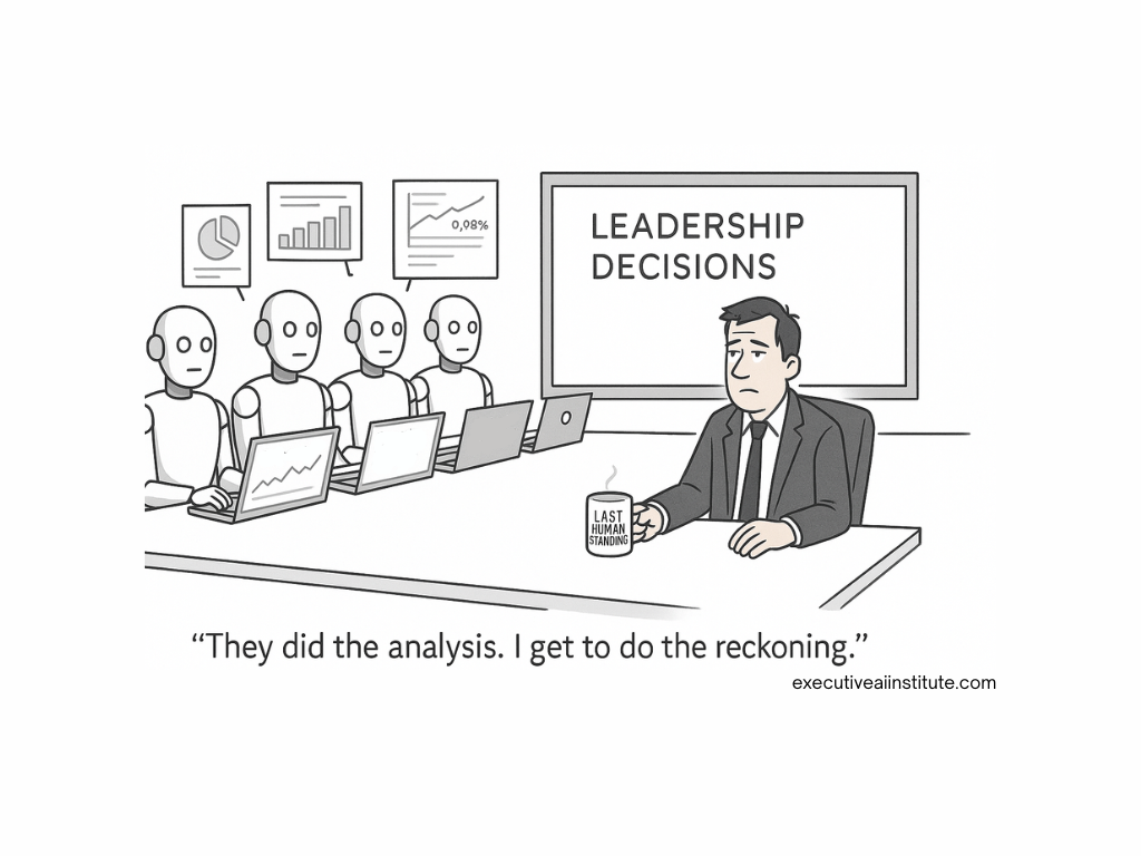 A man with a "Last Human Standing" mug sits beside robots at a conference table. "Leadership Decisions" displays in the background. Text: "They did the analysis. I get to do the reckoning."