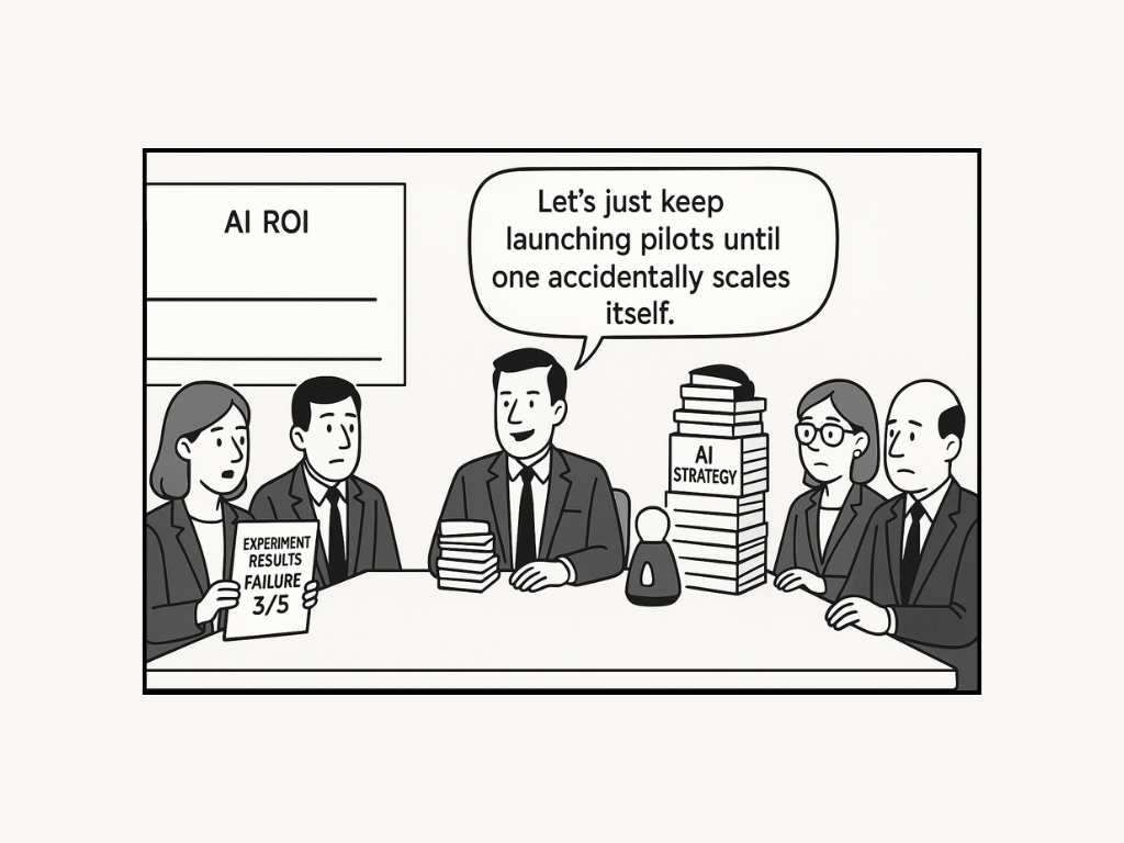 Five people in a meeting room with a speech bubble saying, “Let’s just keep launching pilots until one accidentally scales itself.” Papers and AI Strategy books on the table.