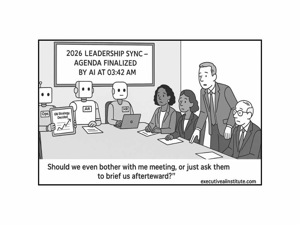 Robots and people at a conference table discuss an AI-finalized agenda. A screen reads, "2026 Leadership Sync." Mood is curious and pensive.