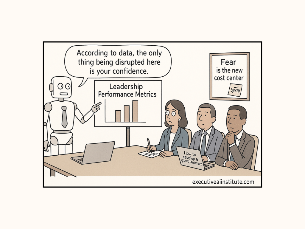 A robot presents "Leadership Performance Metrics" to a concerned group; a sign reads "Fear is the new cost center." Mood: anxious.