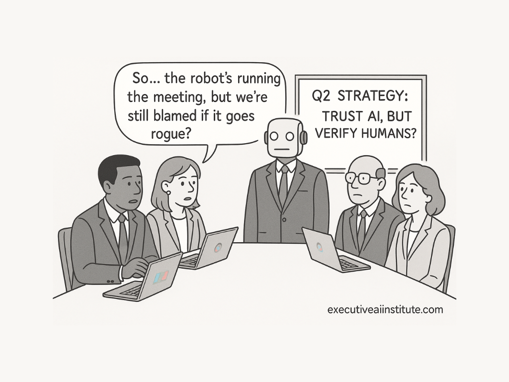 Business meeting with a robot leading. Speech bubble: "So... the robot's running the meeting..." Whiteboard reads: "Trust AI, but verify humans?"
