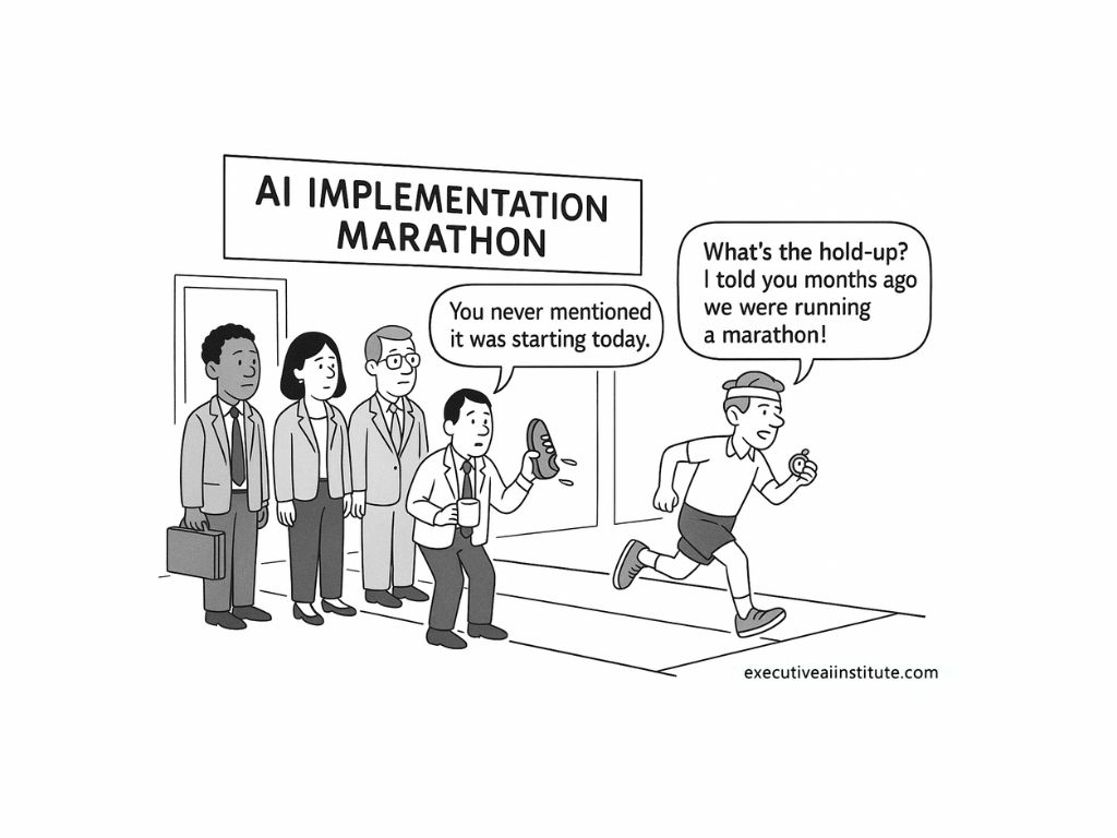 Four people in suits look confused at a running man in shorts. Sign reads "AI Implementation Marathon." Speech bubbles convey surprise.